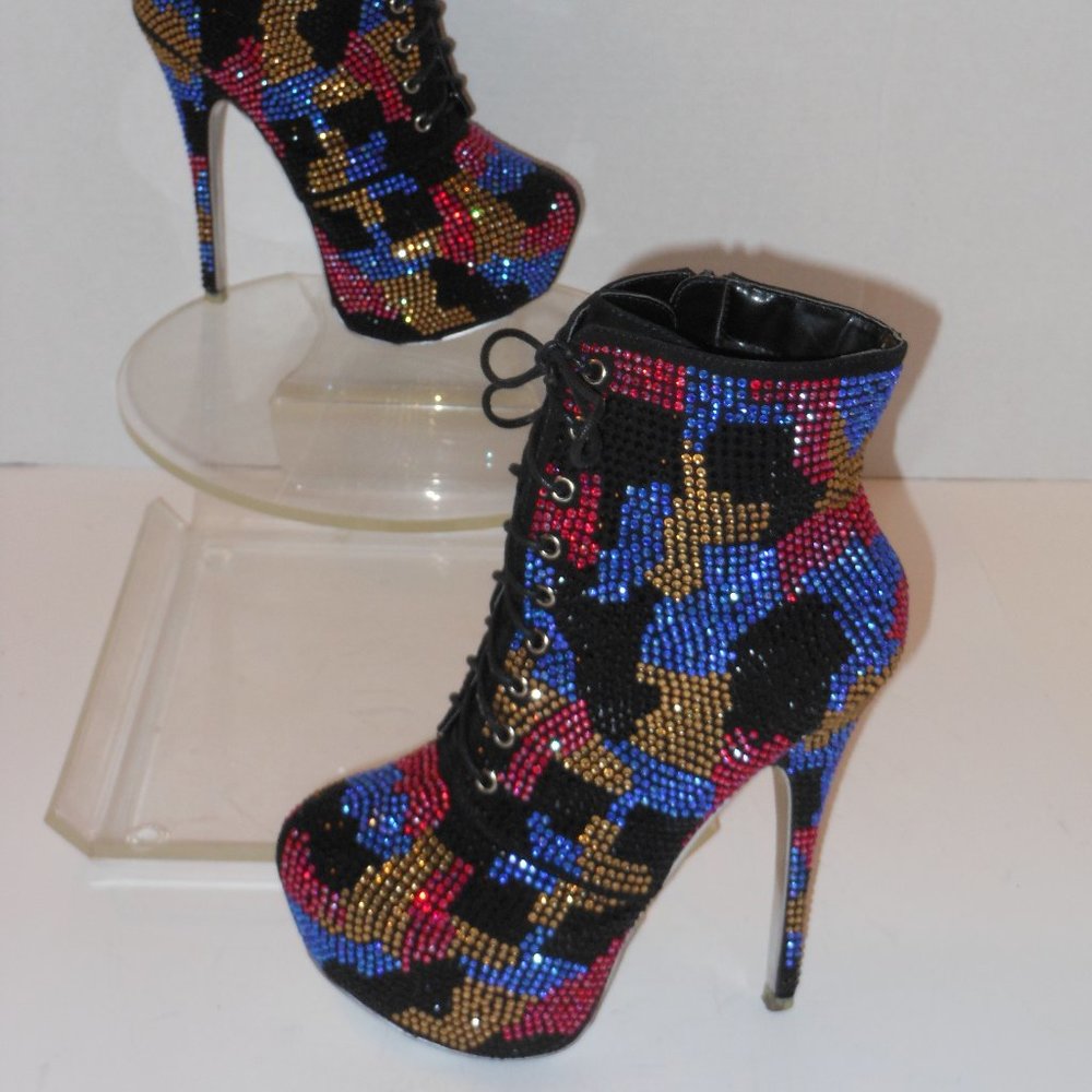 SHIEKH PLATFORM HIGH-HEEL MULTI-COLOR BEADED ANKLE BOOTS SIZE 8 MEDIUM